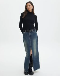 Tie Back Denim Square Neck Corset Bustier -Style Fashion Fit r roah denim maxi skirt coyote blue front sl118486rdnm 2