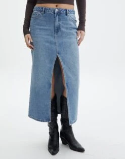 Split Front Denim Midi Skirt 23 Split Front Denim Midi Skirt -Style Fashion Fit r roah denim maxi skirt riley vintage wash full sl118486rdnm