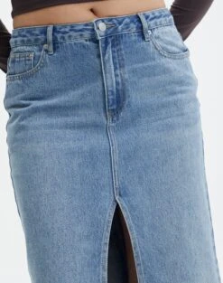 Split Front Denim Midi Skirt 26 Split Front Denim Midi Skirt -Style Fashion Fit r roah denim maxi skirt riley vintage wash imageback sl118486rdnm