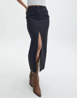 Split Front Denim Midi Skirt 34 Split Front Denim Midi Skirt -Style Fashion Fit r roah denim maxi skirt washed black full sl118486rdnm