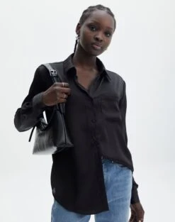 Faux Leather Tie Back Scarf Top -Style Fashion Fit r scout satin shirt black front bl106816rsat