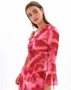 Print Frill Split Tie Front Blouse -Style Fashion Fit riley ruffle blouse carnation skies detail bl64192prt