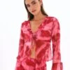 Print Frill Split Tie Front Blouse -Style Fashion Fit riley ruffle blouse carnation skies front bl64192prt 3