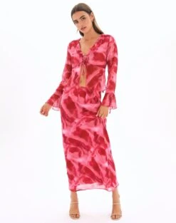 Print Frill Split Tie Front Blouse -Style Fashion Fit riley ruffle blouse carnation skies full bl64192prt