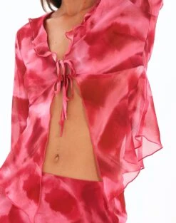 Print Frill Split Tie Front Blouse -Style Fashion Fit riley ruffle blouse carnation skies imageback bl64192prt