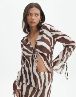 Print Frill Split Tie Front Blouse -Style Fashion Fit riley ruffle blouse umber zebra detail bl64192prt