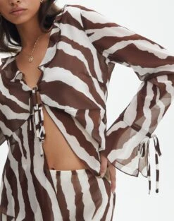 Print Frill Split Tie Front Blouse -Style Fashion Fit riley ruffle blouse umber zebra imageback bl64192prt
