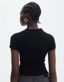 Collared Ribbed Knit Crop Top -Style Fashion Fit sammie collared black back ks123930vp