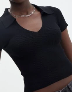 Collared Ribbed Knit Crop Top -Style Fashion Fit sammie collared black imageback ks123930vp