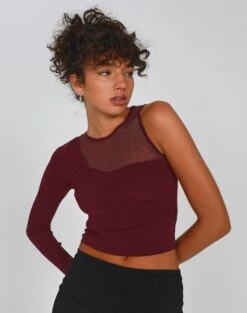 Long Sleeve Cut Out Ribbed Top -Style Fashion Fit shae mesh mix one shoulder red chocolate front kl90238vn