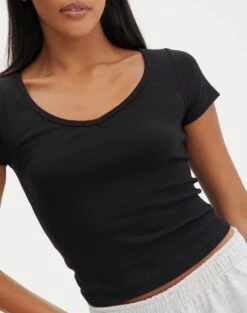 Cropped V Neck Tee -Style Fashion Fit susu v neck top black imageback ts122528rib