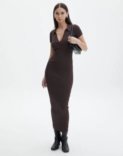 V Neck Collared Wide Rib Knit Dress -Style Fashion Fit t von v neck ss maxi irish coffee full kd103987tknt