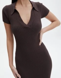 V Neck Collared Wide Rib Knit Dress -Style Fashion Fit t von v neck ss maxi irish coffee imageback kd103987tknt