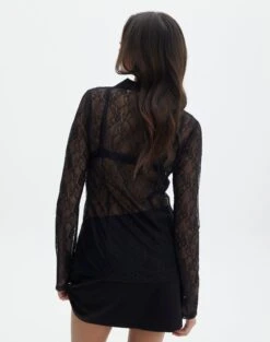 Lace Long Sleeve Button Front Top -Style Fashion Fit tali lace fitted cardigan black back tc131029lac