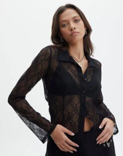 Lace Long Sleeve Button Front Top -Style Fashion Fit tali lace fitted cardigan black detail tc131029lac