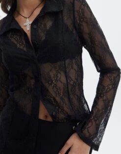 Lace Long Sleeve Button Front Top -Style Fashion Fit tali lace fitted cardigan black imageback tc131029lac