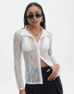 Lace Long Sleeve Button Front Top -Style Fashion Fit tali lace fitted cardigan milk front tc131029lac 1