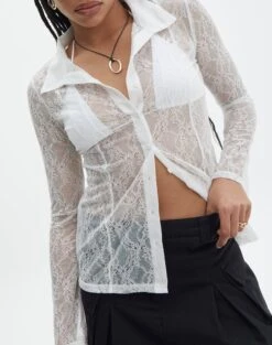 Lace Long Sleeve Button Front Top -Style Fashion Fit tali lace fitted cardigan milk imageback tc131029lac