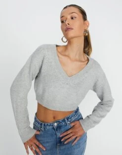 Wrap Tie Long Sleeve Knit Top -Style Fashion Fit tartt v neck crop pale grey marle front kl78966knt