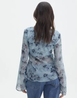 Print Ruffle Long Sleeve Blouse -Style Fashion Fit tritan lattice blouse bubble blooms back bl134763prt