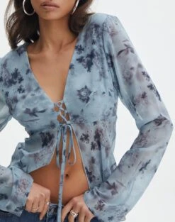 Print Ruffle Long Sleeve Blouse -Style Fashion Fit tritan lattice blouse bubble blooms imageback bl134763prt