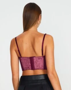 Velvet Tie Front Lace Trim Corset Top -Style Fashion Fit varna velvet bralette berry the hatchet back ut109831vel