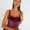 Velvet Tie Front Lace Trim Corset Top -Style Fashion Fit varna velvet bralette berry the hatchet front ut109831vel