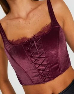 Velvet Tie Front Lace Trim Corset Top -Style Fashion Fit varna velvet bralette berry the hatchet imageback ut109831vel