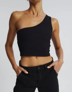One Shoulder Ribbed Tank -Style Fashion Fit wirius one shoulder black imageback kv44069rib