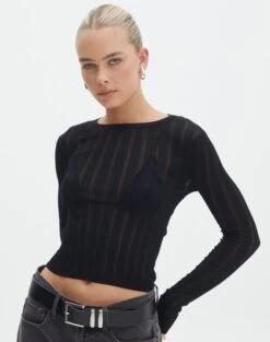 Off Shoulder Flared Long Sleeve Top -Style Fashion Fit zara sheer crepe crew black front kl89942sc 1